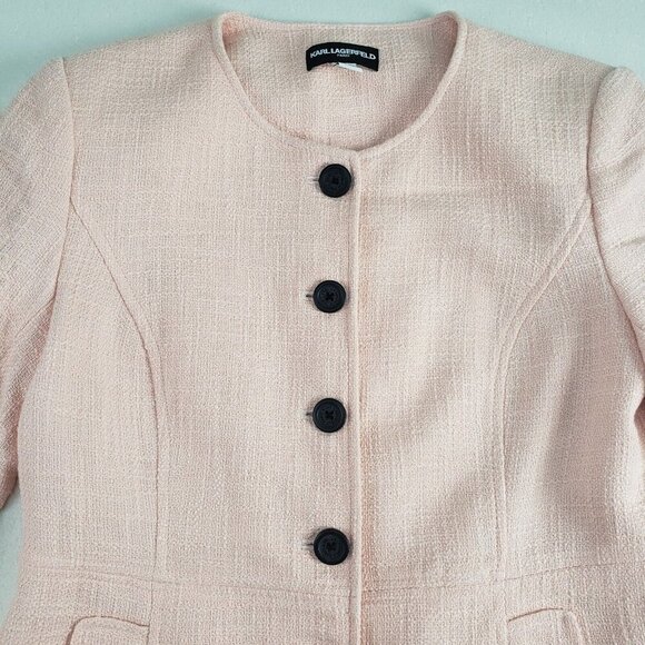Karl Lagerfeld Tweed Jacket Womens 8 Pink Peach Button Front Mid Length Blazer - Picture 2 of 11